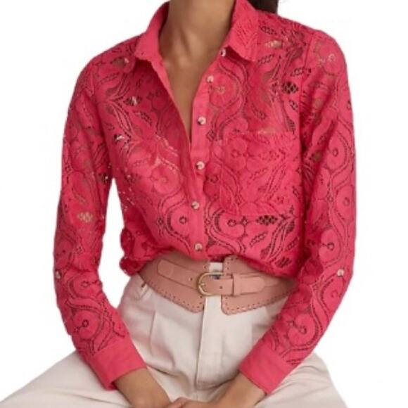Maeve Anthropologie Long Sleeve Button Down Lace Shirt in Pink Size 4 - Picture 1 of 11